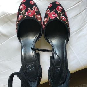 Never worn- Black Suede Mary Jane Pumps with Embroidered Pink Floral Designs